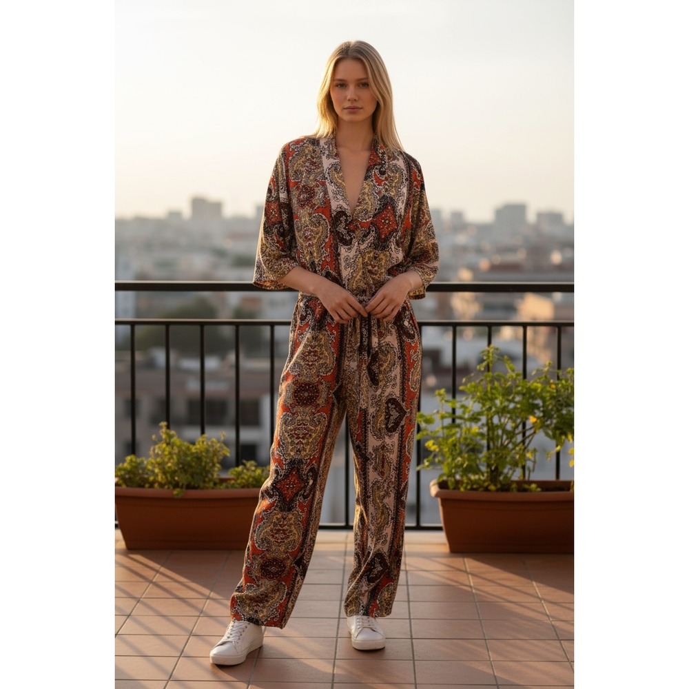 Cleobella Orange Boho Deep Plunge Paisley Tie Waist Keiko One Piece Jumpsuit - S